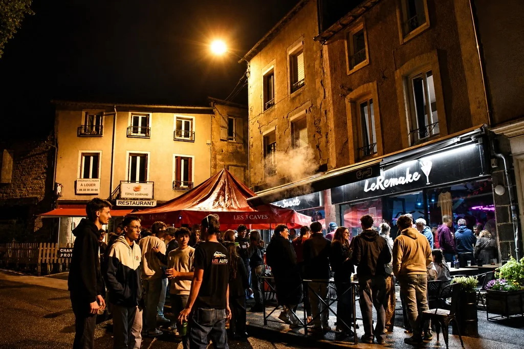 Façade éclairée du bar Le Remake à Neuvic, un soir de fête, avec la terrasse remplie